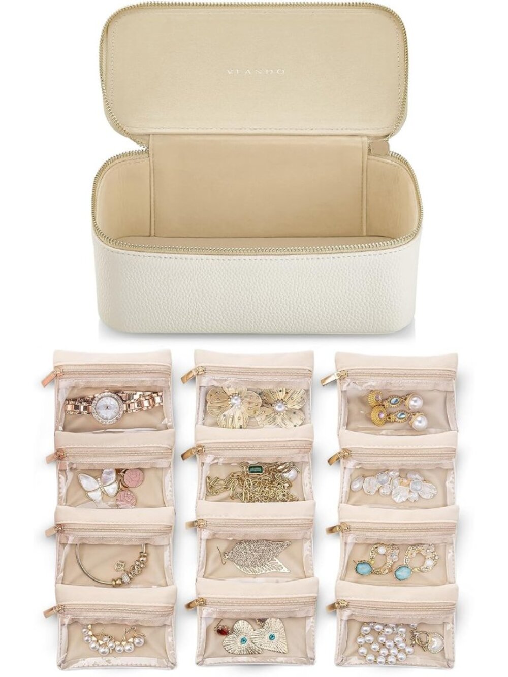 Travel Jewelry Organizer with Clear Velvet Bags - 12 Pouch Storage Case, White